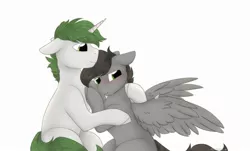 Size: 2304x1392 | Tagged: safe, artist:mariashek, derpibooru import, oc, oc:dante fly, undead, vampire, cute, gay, half bat pony, hug, image, jpeg, male, oc x oc, shipping, shy, simple background, white background