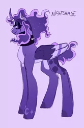 Size: 1546x2349 | Tagged: safe, artist:gothalite, derpibooru import, oc, oc:nightshade, unofficial characters only, alicorn, pony, alicorn oc, choker, female, horn, image, jpeg, makeup, mare, purple background, simple background, smiling, solo, spiked choker, wings