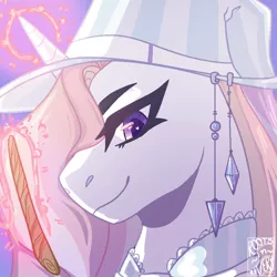 Size: 1000x1000 | Tagged: safe, artist:gothalite, derpibooru import, oc, unofficial characters only, pony, unicorn, glow, glowing horn, hat, horn, image, jpeg, magic, magic wand, signature, solo, telekinesis, unicorn oc, witch hat