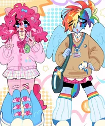 Size: 1080x1307 | Tagged: safe, artist:bland__boy, edit, editor:edits of hate, pinkie pie, rainbow dash, equestria girls, bandaid, bow, candy, clothes, cutie mark, cutie mark on clothes, duo, female, food, hair bow, image, jewelry, jpeg, leg warmers, peace sign, piercing, pigtails, pony ears, ponytail, shoes, shoulder bag, skirt, sweater, tailed humanization, winged humanization, wings, wonderbolts logo