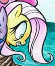 Size: 362x432 | Tagged: safe, artist:brendahickey, derpibooru import, edit, idw, fluttershy, pinkie pie, twilight sparkle, twilight sparkle (alicorn), alicorn, earth pony, pegasus, pony, spoiler:comic14, cropped, female, image, looking down, mare, png, scared, shocked