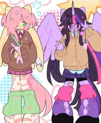 Size: 1080x1317 | Tagged: safe, artist:bland__boy, edit, editor:edits of hate, fluttershy, twilight sparkle, human, rabbit, equestria girls, animal, cardigan, clothes, duo, female, glasses, hair accessory, horn, humanized, image, jpeg, leg warmers, mobile phone, peace sign, phone, pony ears, shoes, socks, stuffed animals, tailed humanization, thigh highs, toy, winged humanization, wings