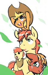 Size: 870x1354 | Tagged: safe, artist:creamyogurt, derpibooru import, apple bloom, applejack, big macintosh, bright mac, earth pony, pony, apple siblings, apple sisters, baby, baby apple bloom, brother and sister, father, father and child, father and daughter, father and son, female, hat, image, male, one eye closed, open mouth, open smile, pacifier, png, siblings, simple background, sisters, smiling, younger