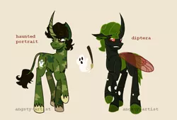 Size: 1480x999 | Tagged: safe, artist:angsty-artist, derpibooru import, oc, oc:diptera, oc:haunted portrait, unofficial characters only, changeling, pony, unicorn, changeling oc, coat markings, curved horn, cutie mark, disguise, disguised changeling, horn, image, leonine tail, mullet, paintbrush, png, ponysona, raised hoof, reference sheet, solo, tail, three quarter view, unshorn fetlocks