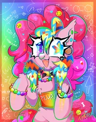 Size: 3220x4096 | Tagged: safe, artist:tinykiru, derpibooru import, pinkie pie, earth pony, pony, bracelet, chest fluff, choker, colorful, ear piercing, earring, fangs, happy, image, jewelry, jpeg, looking at you, necklace, piercing, smiling, smiling at you, solo, spiked choker