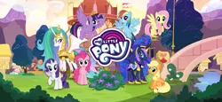 Size: 1666x768 | Tagged: safe, derpibooru import, official, applejack, fluttershy, pinkie pie, princess celestia, princess luna, rainbow dash, rarity, twilight sparkle, twilight sparkle (alicorn), alicorn, earth pony, pegasus, pony, unicorn, female, gameloft, image, loading screen, mane six, mare, my little pony logo, png, ponyville, video game