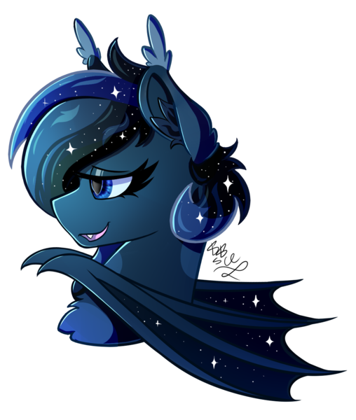 Size: 1100x1300 | Tagged: safe, artist:starcasteclipse, derpibooru import, oc, oc:silent faith, unofficial characters only, bat pony, pony, fallout equestria, bat pony oc, bat wings, bust, fallout equestria oc, fangs, female, image, lidded eyes, mare, open mouth, open smile, partially open wings, png, portrait, signature, simple background, smiling, solo, transparent background, wings