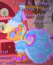 Size: 467x567 | Tagged: safe, artist:snakeythingy, derpibooru import, edit, edited screencap, screencap, applejack, earth pony, pony, look before you sleep, applejack also dresses in style, clothes, cropped, dialogue, dress, female, froufrou glittery lacy outfit, golden oaks library, image, jpeg, library, mare, mind control, princess applejack, smiling, swirly eyes, text