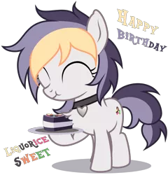 Size: 3320x3460 | Tagged: safe, artist:strategypony, derpibooru import, oc, oc:liquorice sweet, unofficial characters only, earth pony, pony, birthday, cake, choker, cute, earth pony oc, eating, eyes closed, female, filly, foal, food, hoof hold, image, multicolored mane, plate, png, simple background, tail, transparent background, two toned tail, younger