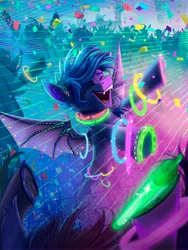 Size: 3072x4096 | Tagged: safe, artist:helmie-art, derpibooru import, oc, oc:guttatus, unofficial characters only, bat pony, pony, bat pony oc, bat wings, eyebrows, eyes closed, glow rings, glowstick, high res, image, jpeg, male, neon, open mouth, open smile, rave, smiling, solo focus, spread wings, stallion, wings