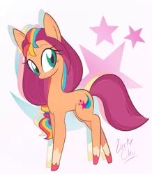 Size: 882x1013 | Tagged: safe, artist:luckyclau, derpibooru import, sunny starscout, earth pony, pony, my little pony: tell your tale, abstract background, coat markings, g5, image, looking at you, png, simple background, socks (coat marking)
