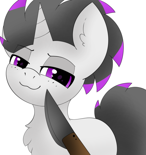 Size: 2842x3000 | Tagged: safe, artist:pegamutt, derpibooru import, oc, oc:haze rad, unofficial characters only, pony, unicorn, :3, chest fluff, commission, commissioner:biohazard, eye clipping through hair, eyebrows, eyebrows visible through hair, high res, highlights, horn, image, knife, knife cat, lidded eyes, looking at you, male, missing cutie mark, png, purple eyes, simple background, smiling, smiling at you, smug, solo, stallion, tail, transparent background, two toned mane, two toned tail, unicorn oc, ych result