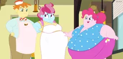 Size: 3000x1440 | Tagged: suggestive, artist:neongothic, derpibooru import, carrot cake, cup cake, pinkie pie, equestria girls, apron, bbw, belly, bhm, big belly, bingo wings, breasts, busty cup cake, busty pinkie pie, chubby cheeks, cleavage, clothes, double chin, fat, fat ass, fat boobs, fat fetish, female, fetish, happy, huge belly, image, impossibly large belly, morbidly obese, obese, open mouth, open smile, png, ponytail, pregnant, smiling, ssbbw, story included, weight gain