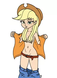 Size: 1000x1350 | Tagged: suggestive, artist:mkogwheel, derpibooru import, applejack, human, bedroom eyes, belly button, belt, boob freckles, breasts, busty applejack, chest freckles, clothes, female, freckles, godiva hair, humanized, image, jeans, looking at you, open clothes, open shirt, pants, pants down, png, shirt, simple background, smiling, smiling at you, solo, solo female, strategically covered, white background