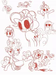 Size: 768x1024 | Tagged: grimdark, artist:zalgopinkie, derpibooru import, pinkie pie, earth pony, pony, blood, bone, brain, cannon, crying, eyeball, eyes closed, female, floppy ears, frown, hat, hooves in air, image, jpeg, mare, open mouth, organs, party cannon, party hat, party horn, pinkamena diane pie, raised hoof, sad, simple background, sitting, smiling, umbrella, umbrella hat, volumetric mouth, white background, zalgo, zalgo pie