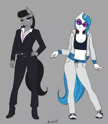 Size: 2540x2900 | Tagged: safe, artist:apocheck13, derpibooru import, octavia melody, vinyl scratch, anthro, earth pony, plantigrade anthro, pony, unicorn, boots, clothes, female, hand on hip, high heel boots, high heels, image, mare, necktie, png, shoes, suit