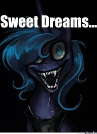 Size: 191x263 | Tagged: grimdark, artist:lopoddity, princess luna, alicorn, pony, black background, caption, drool, fangs, female, image, jpeg, looking at you, mare, meme, nightmare fuel, s1 luna, shrunken pupils, simple background, slit eyes, smiling, sweet dreams, text