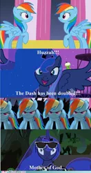 Size: 500x949 | Tagged: safe, derpibooru import, edit, princess luna, rainbow dash, alicorn, changeling, pegasus, pony, a canterlot wedding, luna eclipsed, artifact, bad edit, female, image, jpeg, meme, mother of god, my little brony, self paradox, self ponidox, sunglasses, surprised, the fun has been doubled, watermark