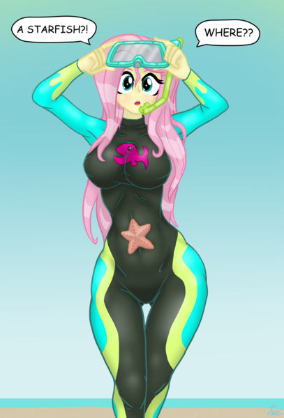 Size: 1280x1889 | Tagged: safe, artist:lennondash, derpibooru import, fluttershy, starfish, equestria girls, equestria girls series, breasts, busty fluttershy, female, image, png, solo, speech bubble, wetsuit