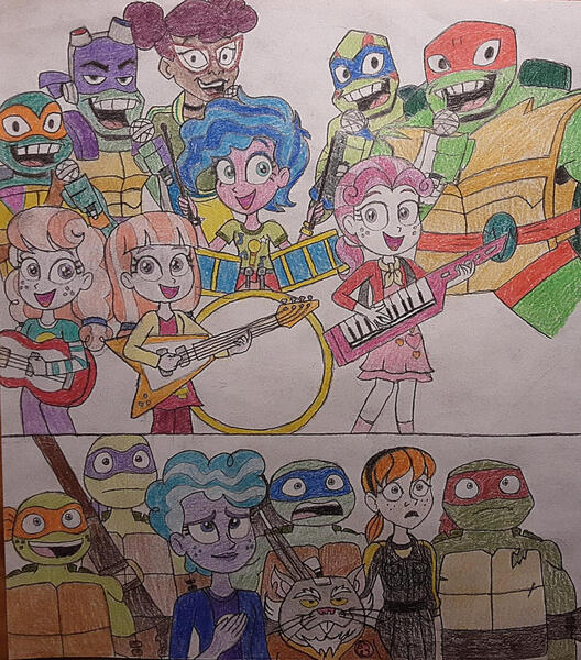 Size: 900x1023 | Tagged: safe, artist:jebens1, derpibooru import, jing-a-ling, melody, melody's mom, sweetheart, ting-a-ling, equestria girls, april o'neil, bass guitar, donatello, drums, guitar, hand on chest, image, jpeg, keytar, leonardo, master splinter, michelangelo, microphone, musical instrument, raphael, rise of the teenage mutant ninja turtles, shocked, singing, smiling, teenage mutant ninja turtles