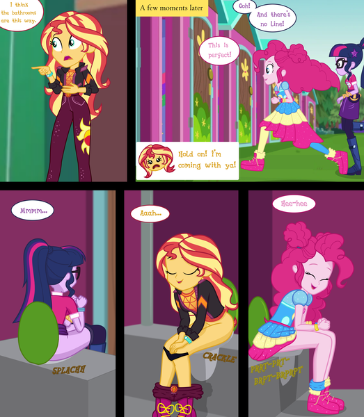 Size: 2550x2925 | Tagged: questionable, artist:lightning_musicwave, derpibooru import, pinkie pie, sci-twi, sunset shimmer, twilight sparkle, comic:starswirl day two, comic:starswirl day two (bonus scenes), equestria girls, equestria girls series, spoiler:eqg series (season 2), ass, butt, clothes, comic, fart, fart fetish, female, fetish, high res, image, implied scat, need to poop, panties, panties around legs, panties pulled down, pants, pants down, png, poop, pooping, sci-twibutt, text, toilet, twibutt, underwear