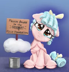 Size: 2000x2103 | Tagged: safe, artist:chopsticks, derpibooru import, cozy glow, pegasus, pony, bow, cheek fluff, chest fluff, cloud, cozybetes, crossed hooves, crying, cute, female, filly, foal, hair bow, head tilt, image, looking at you, png, sign, sitting, solo, tin can, unshorn fetlocks, wing hands, wings