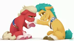 Size: 3419x1921 | Tagged: safe, artist:bcpony, derpibooru import, hitch trailblazer, sprout cloverleaf, earth pony, pony, my little pony: a new generation, badge, comforting, crying, duo, duo male, frown, g5, grin, high res, image, jpeg, male, sad, shadow, signature, simple background, sitting, smiling, stallion, tears of pain, teary eyes, teeth, white background