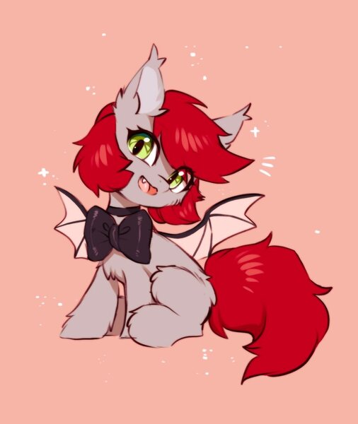 Size: 1000x1186 | Tagged: safe, artist:swaybat, derpibooru import, oc, unnamed oc, unofficial characters only, bat pony, pony, bat pony oc, bat wings, bowtie, chest fluff, cute, eye clipping through hair, fangs, female, fluffy, happy, image, jpeg, looking at you, mare, ocbetes, open mouth, open smile, pink background, simple background, sitting, smiling, smiling at you, solo, sparkles, spread wings, wings