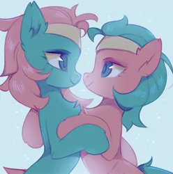 Size: 2855x2880 | Tagged: safe, artist:lispp, derpibooru import, aloe, lotus blossom, earth pony, pony, chest fluff, cropped, female, headband, holding hooves, hug, image, incest, jpeg, lesbian, looking at each other, looking at someone, nose to nose, shipping, siblings, simple background, sisters, spa twins, spacest, steam, twincest, twins