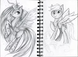 Size: 3300x2403 | Tagged: safe, artist:vardastouch, derpibooru import, derpy hooves, queen chrysalis, changeling, changeling queen, pegasus, pony, female, grayscale, high res, image, jpeg, mare, monochrome, spread wings, traditional art, wings