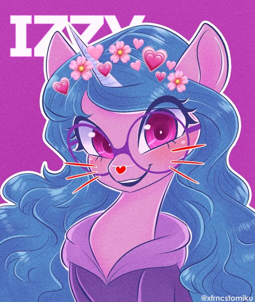 Size: 1825x2160 | Tagged: safe, artist:xfrncstomiku, derpibooru import, izzy moonbow, pony, unicorn, clothes, cute, female, filter, floral head wreath, flower, g5, glasses, heart, hoodie, image, izzybetes, jpeg, round glasses, simple background, snapchat filter, solo, whiskers