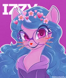 Size: 1825x2160 | Tagged: safe, artist:xfrncstomiku, derpibooru import, izzy moonbow, pony, unicorn, clothes, cute, female, filter, floral head wreath, flower, g5, glasses, heart, hoodie, image, izzybetes, jpeg, round glasses, simple background, snapchat filter, solo, whiskers