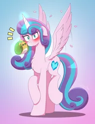 Size: 4500x5900 | Tagged: safe, artist:aarondrawsarts, derpibooru import, princess flurry heart, whammy, alicorn, snail, adult flurry heart, blushing, commission, commissioner:reversalmushroom, embarrassed, female, image, looking at you, plushie, png, spread wings, wings