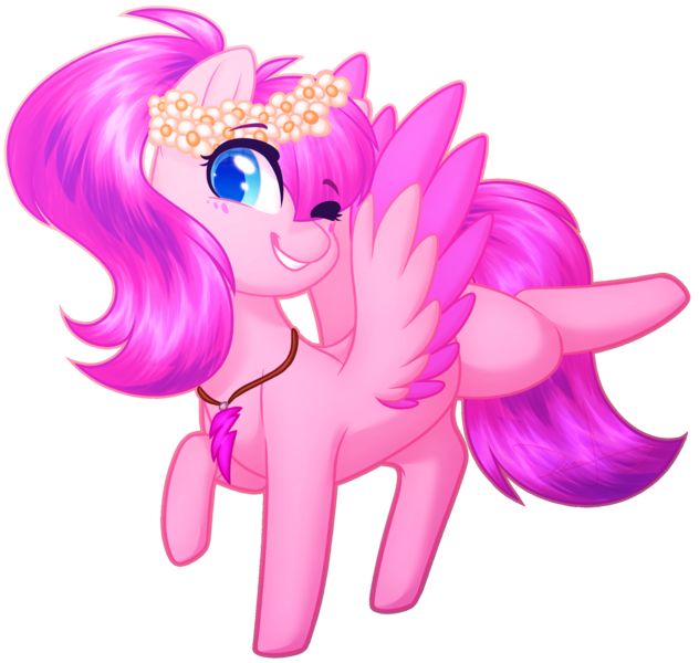 Size: 2149x2041 | Tagged: safe, artist:purplegrim40, derpibooru import, oc, unofficial characters only, pegasus, pony, colored wings, female, floral head wreath, flower, grin, image, jewelry, mare, necklace, one eye closed, pegasus oc, png, raised hoof, simple background, smiling, solo, transparent background, two toned wings, wings, wink