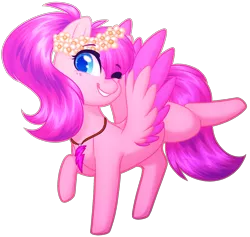 Size: 2149x2041 | Tagged: safe, artist:purplegrim40, derpibooru import, oc, unofficial characters only, pegasus, pony, colored wings, female, floral head wreath, flower, grin, image, jewelry, mare, necklace, one eye closed, pegasus oc, png, raised hoof, simple background, smiling, solo, transparent background, two toned wings, wings, wink