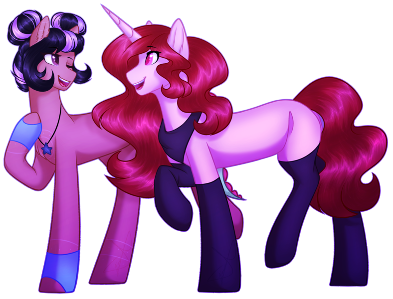 Size: 2277x1733 | Tagged: safe, artist:purplegrim40, derpibooru import, oc, unofficial characters only, earth pony, pony, unicorn, clothes, duo, earth pony oc, female, horn, image, jewelry, leg warmers, mare, neckerchief, necklace, one eye closed, png, raised hoof, simple background, smiling, socks, transparent background, unicorn oc, wink