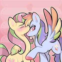 Size: 1773x1773 | Tagged: safe, artist:lulaemoon, derpibooru import, fluttershy, rainbow dash, pegasus, pony, alternate design, blushing, colored hooves, colored wings, eyes closed, female, flutterdash, image, lesbian, mare, multicolored wings, png, rainbow wings, shipping, wings