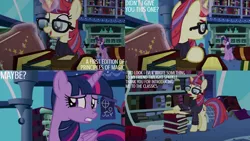 Size: 1280x720 | Tagged: safe, derpibooru import, edit, edited screencap, editor:quoterific, screencap, moondancer, twilight sparkle, twilight sparkle (alicorn), alicorn, pony, unicorn, amending fences, season 5, book, duo, female, image, magic, mare, open mouth, open smile, png, smiling, telekinesis, text