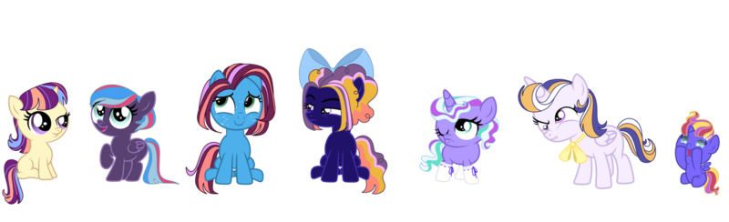 Size: 1280x391 | Tagged: safe, artist:doctor-nasty-adopts, derpibooru import, oc, unofficial characters only, earth pony, pegasus, pony, unicorn, baby, baby pony, base used, colt, female, filly, foal, half-siblings, image, male, offspring, parent:big macintosh, parent:cheese sandwich, parent:fancypants, parent:flash sentry, parent:soarin', parent:sunburst, parent:trenderhoof, parent:twilight sparkle, parents:flashlight, parents:soarlight, parents:twiburst, parents:twicheese, parents:twimac, parents:twipants, png, simple background, transparent background