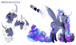 Size: 3472x2050 | Tagged: safe, artist:damayantiarts, derpibooru import, princess luna, alicorn, pony, bust, curved horn, ethereal mane, female, galaxy mane, horn, image, mare, png, redesign, simple background, white background