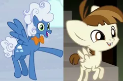 Size: 1780x1172 | Tagged: safe, derpibooru import, edit, edited screencap, screencap, featherweight, fluffy clouds, pegasus, pony, big ears, bucktooth, colt, comparison, cute, flying, foal, image, jpeg, male, smiling, spread wings, stallion, wings
