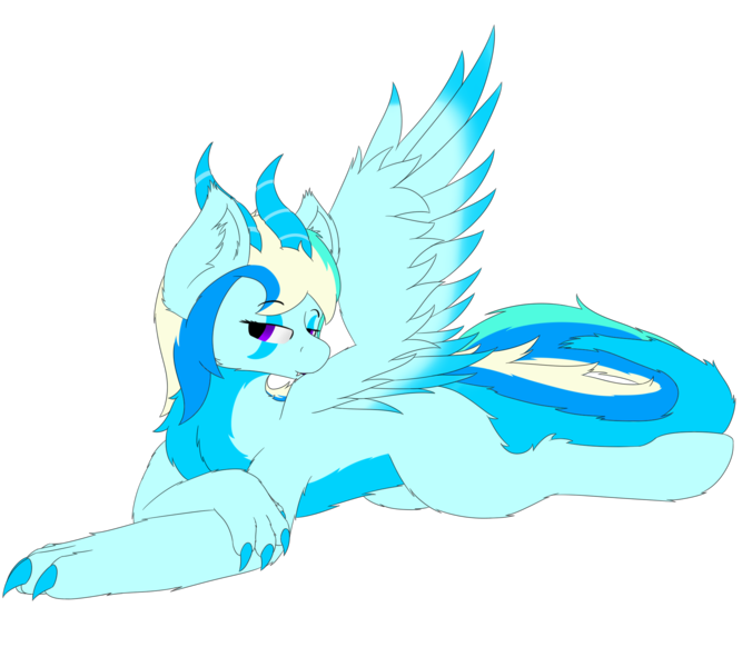 Size: 2000x1800 | Tagged: safe, artist:thekamko, derpibooru import, oc, oc:arctic plasma, unofficial characters only, dracony, dragon, hybrid, chest fluff, claws, ear fluff, female, horns, image, lying down, paws, png, simple background, smiling, solo, spread wings, transparent background, wings