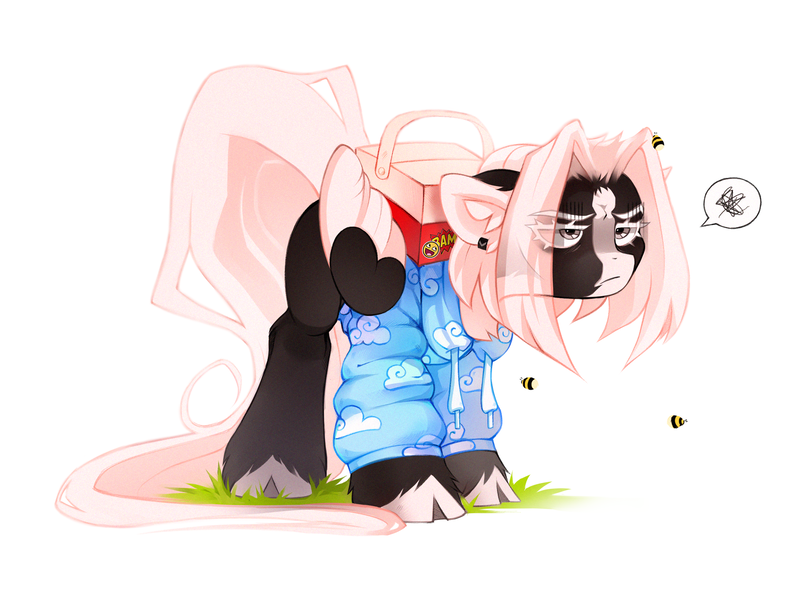 Size: 2304x1728 | Tagged: safe, artist:zlatavector, derpibooru import, oc, oc:kate braxton, unofficial characters only, bee, insect, pegasus, pony, box, clothes, cloven hooves, dissatisfied, ear piercing, earring, female, hoodie, image, jewelry, long tail, mare, piercing, png, short hair, solo, tail