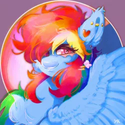 Size: 2048x2048 | Tagged: safe, artist:yumkandie, derpibooru import, rainbow dash, pegasus, pony, abstract background, chest fluff, ear piercing, earring, female, heart eyes, image, jewelry, jpeg, looking at you, piercing, smiling, solo, wingding eyes