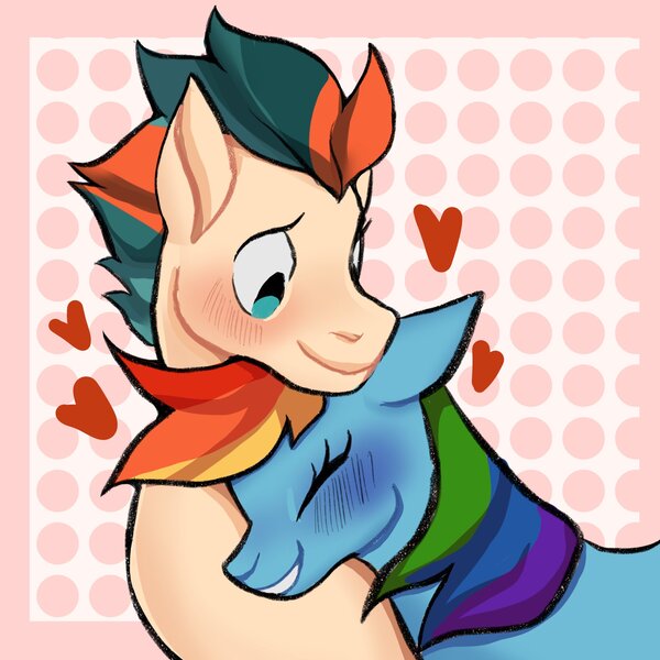 Size: 2048x2048 | Tagged: safe, artist:xrosettaxx, derpibooru import, rainbow dash, oc, oc:turbo swifter, pegasus, pony, canon x oc, female, heart, image, jpeg, looking down, male, mare, pegasus oc, shipping, smiling, stallion, straight, turbodash, wings