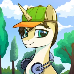 Size: 2500x2500 | Tagged: safe, derpibooru import, oc, unofficial characters only, pony, unicorn, bust, cap, cloud, colt, commission, foal, hat, headphones, image, male, park, png, portrait, solo, tree