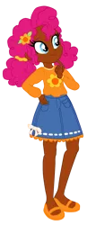 Size: 880x2048 | Tagged: safe, artist:vernorexia, derpibooru import, part of a set, orange blossom, pinkie pie, prim posy, human, equestria girls, afro, afro puffs, bow, clothes, cosplay, costume, crossover, curly hair, denim skirt, flower, flower in hair, hair bun, image, mary janes, orange blossom (strawberry shortcake), orange shirt, part of a series, pink hair, png, scrunchie, shoes, simple background, skirt, solo, strawberry shortcake, sweatshirt, transparent background