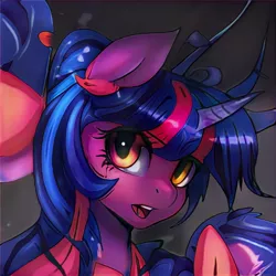 Size: 1024x1024 | Tagged: safe, artist:thisponydoesnotexist, derpibooru import, machine learning generated, unicorn, bust, image, jpeg, neural network, not twilight sparkle, open mouth, orange eyes, portrait, purple coat