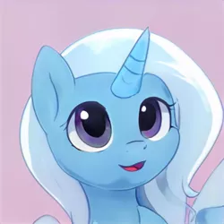 Size: 1024x1024 | Tagged: safe, artist:thisponydoesnotexist, derpibooru import, machine learning generated, unicorn, blue coat, bust, image, jpeg, neural network, not trixie, open mouth, portrait, purple background, simple background, smiling