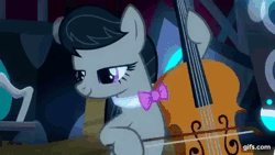Size: 640x360 | Tagged: safe, derpibooru import, screencap, octavia melody, vinyl scratch, earth pony, pony, unicorn, a horse shoe-in, season 9, spoiler:s09, animated, bipedal, bow (instrument), cello, cello bow, disc jockey, duo, eyes closed, female, gif, gifs.com, grin, image, mare, musical instrument, open mouth, open smile, smiling